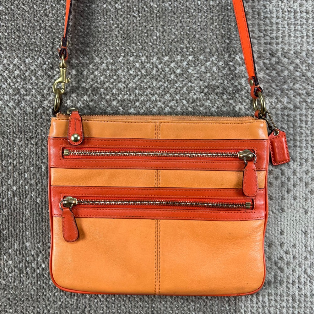 Coach Bonnie Double Zip Pocket Swing Crossbody Bag Orange Leather